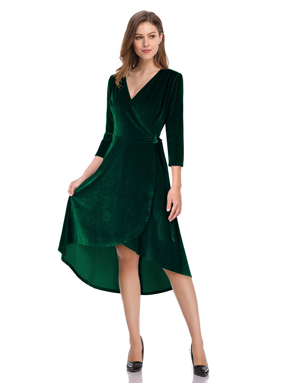 YESFASHION Women's Velvet V-Neck Long Sleeve Casual Party Dress Purple