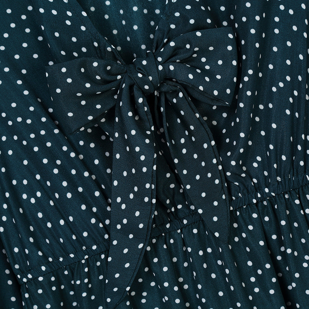 YESFASHION Women Casual V Neck Polka Dot Puff Sleeve Beach Dress