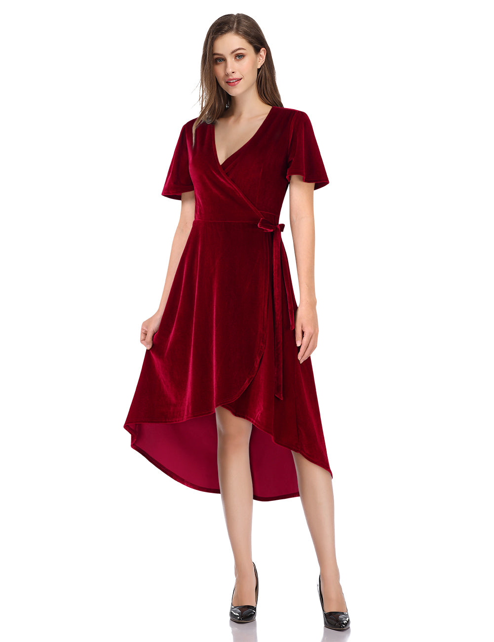 YESFASHION Women Velvet V-Neck Short Sleeve Empire Party Midi Dress Gold