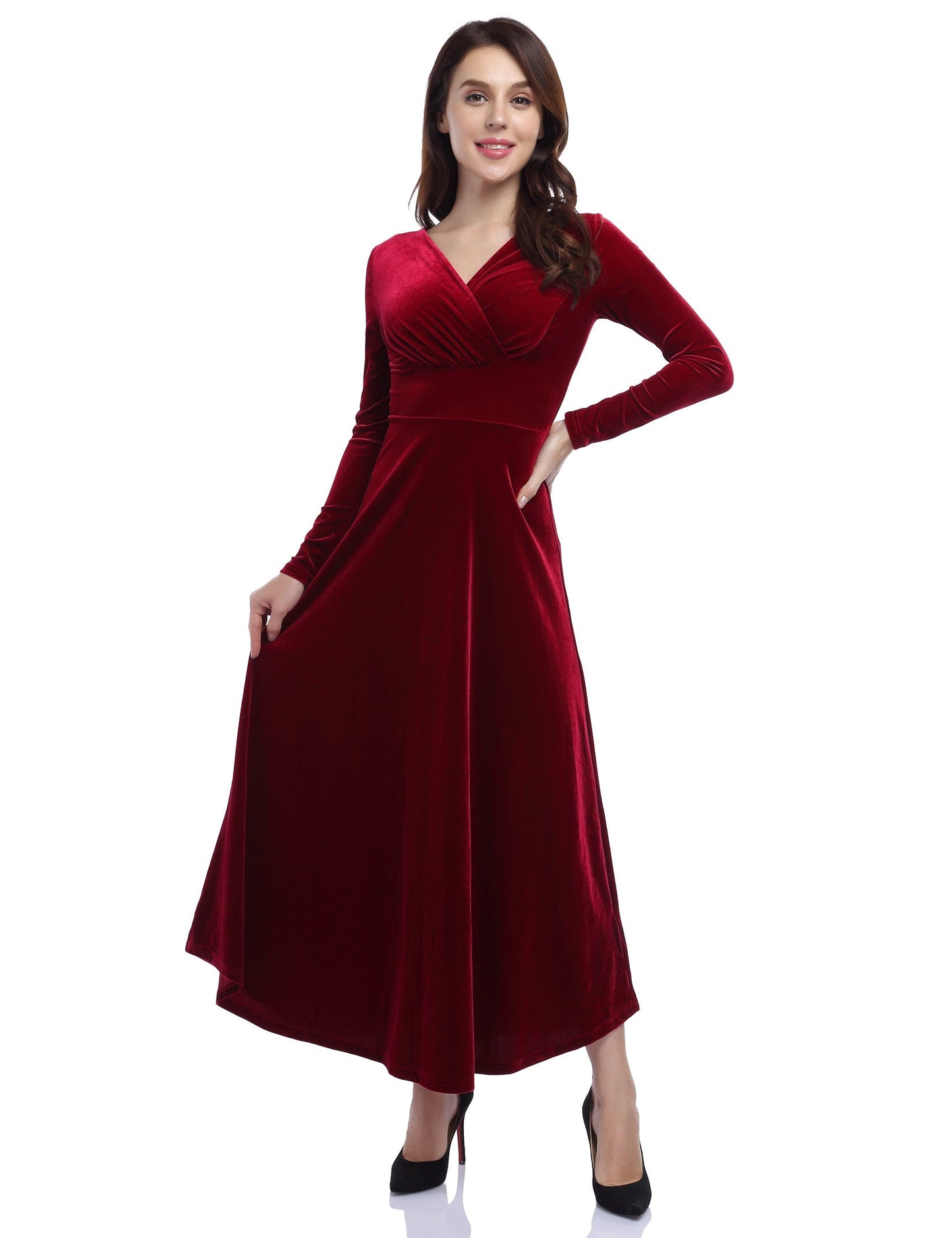 YESFASHION Women's V-Neck Velvet Smart Formal Party Maxi Dress Green