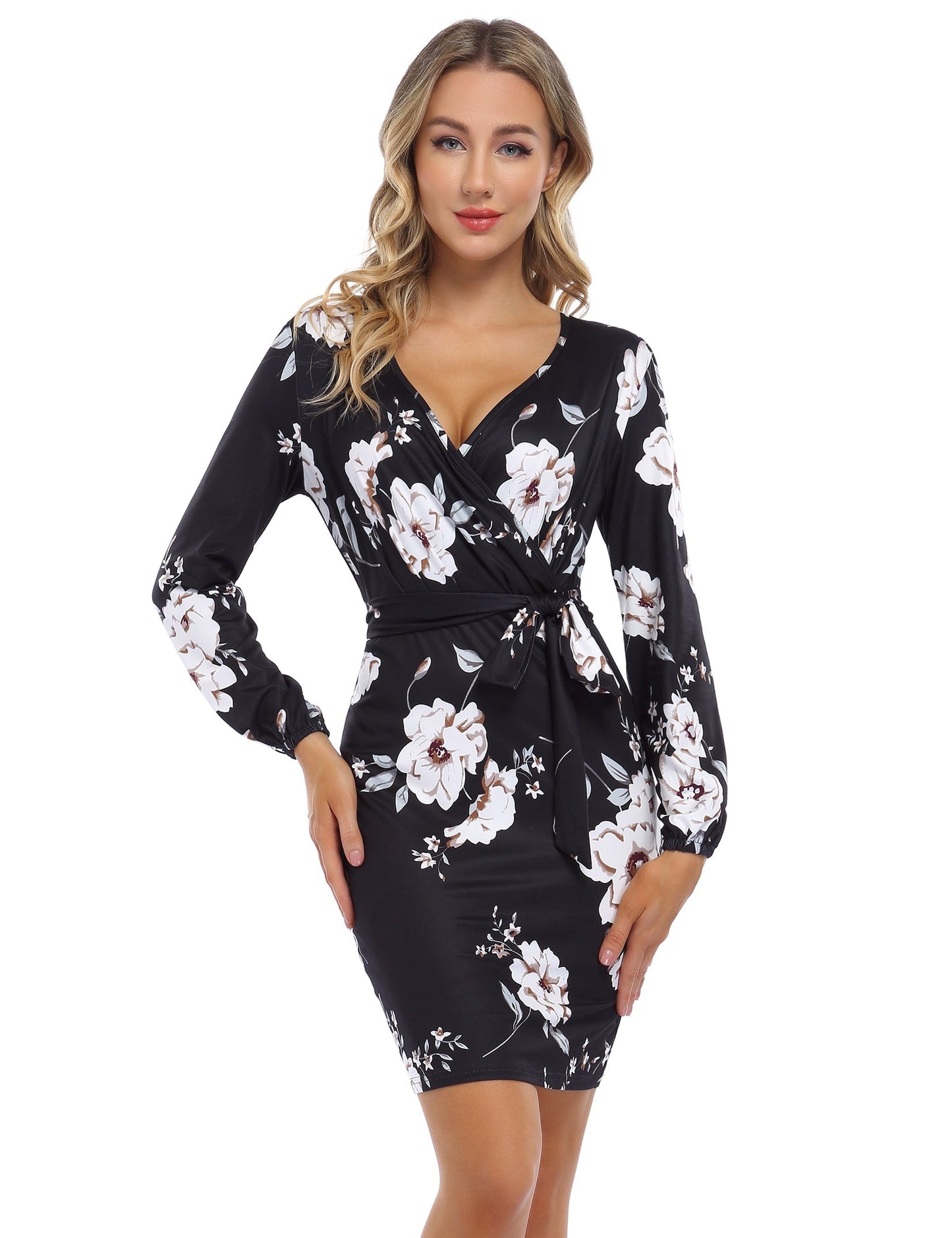 YESFASHION Women's V Neck Long Sleeves Dress Slim Party Dress Blue Flower