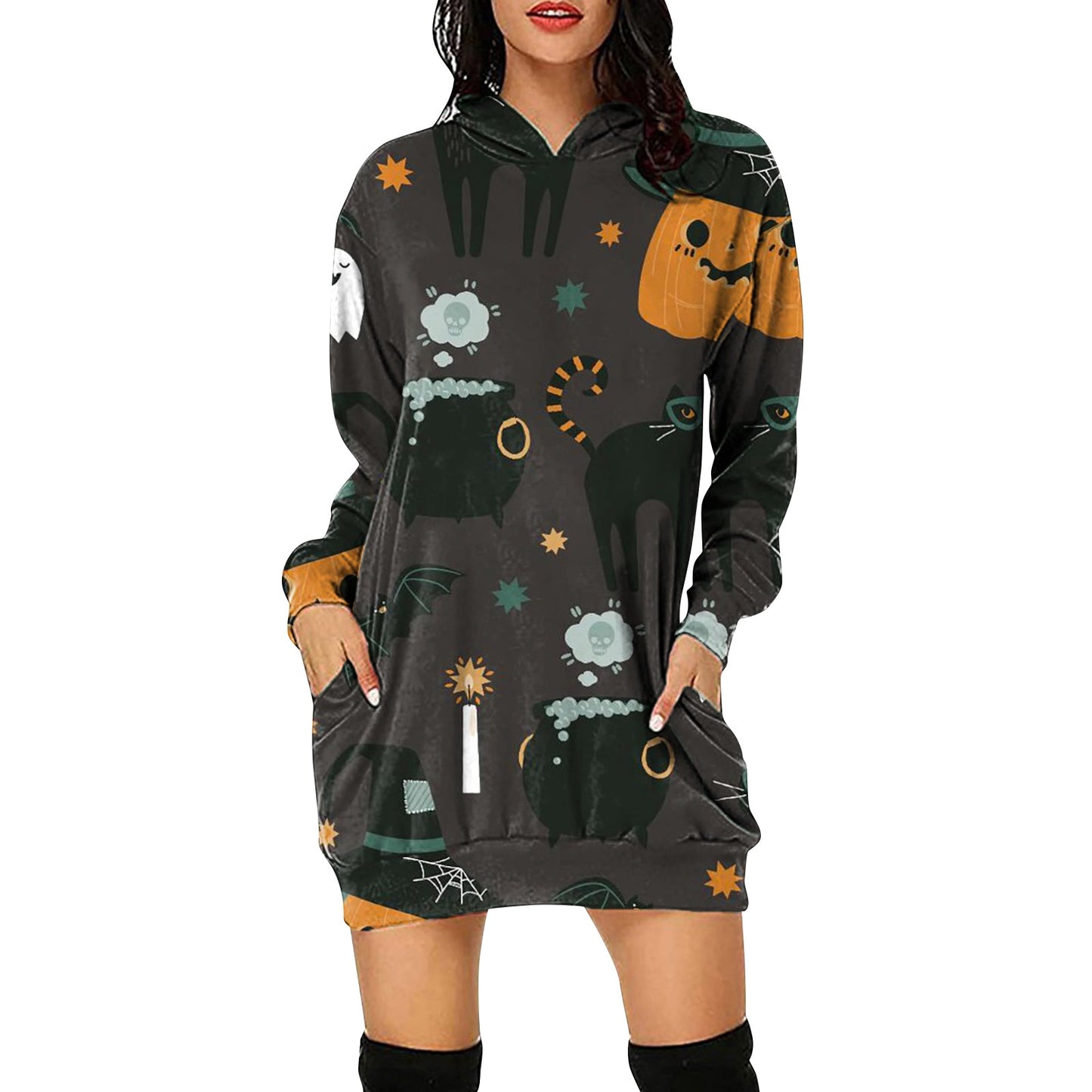 YESFASHION Halloween Women Hooded Long-sleeve Dress