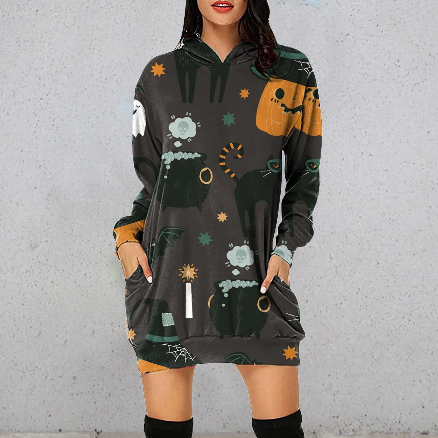 YESFASHION Halloween Women Hooded Long-sleeve Dress