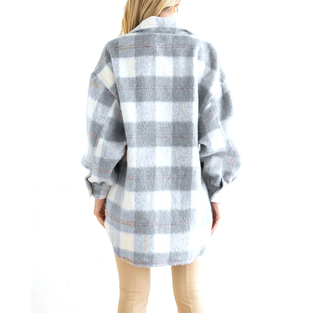 YESFASHION Plaid Mohair Coat Woolen Thick Coats