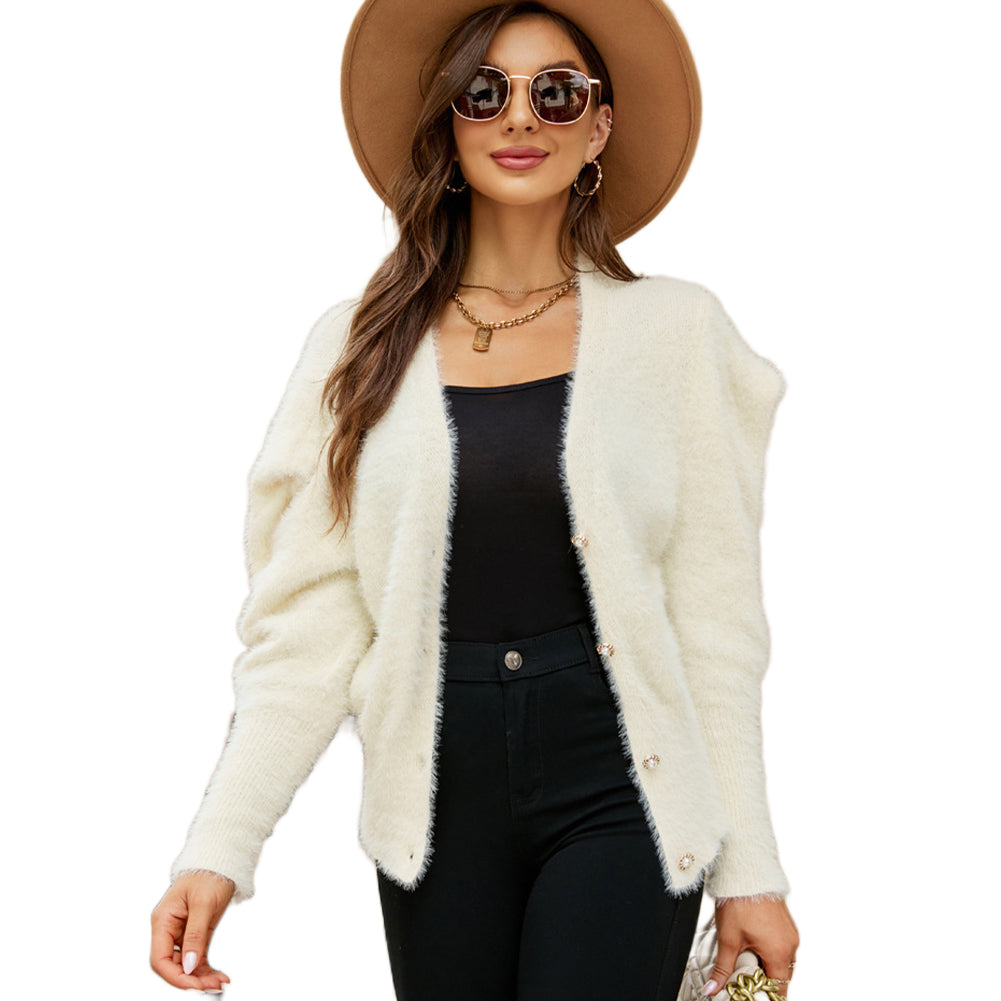 YESFASHION Solid Oversized Puff Sleeve V-neck Knit Cardigan Sweaters