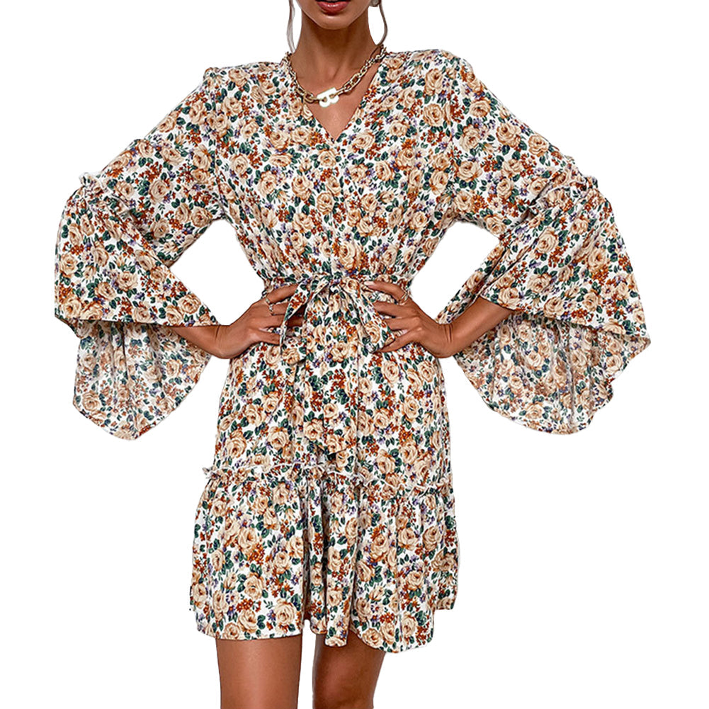 YESFASHION Women New V-neck Printed Long Sleeve Pre-fall Dress
