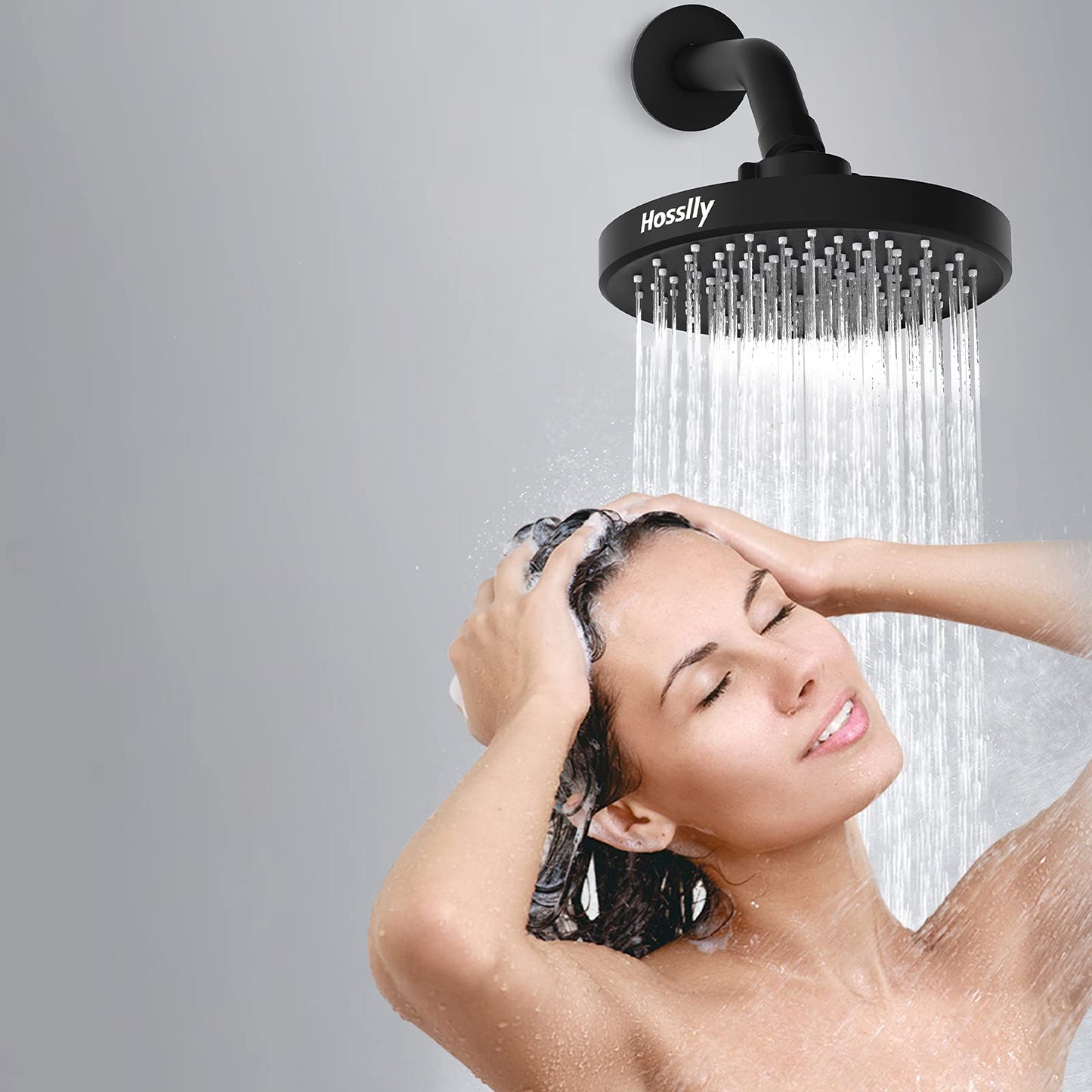 HOSSLLY Rainfall Shower Head High Pressure 360掳 Adjustable - Matte Black