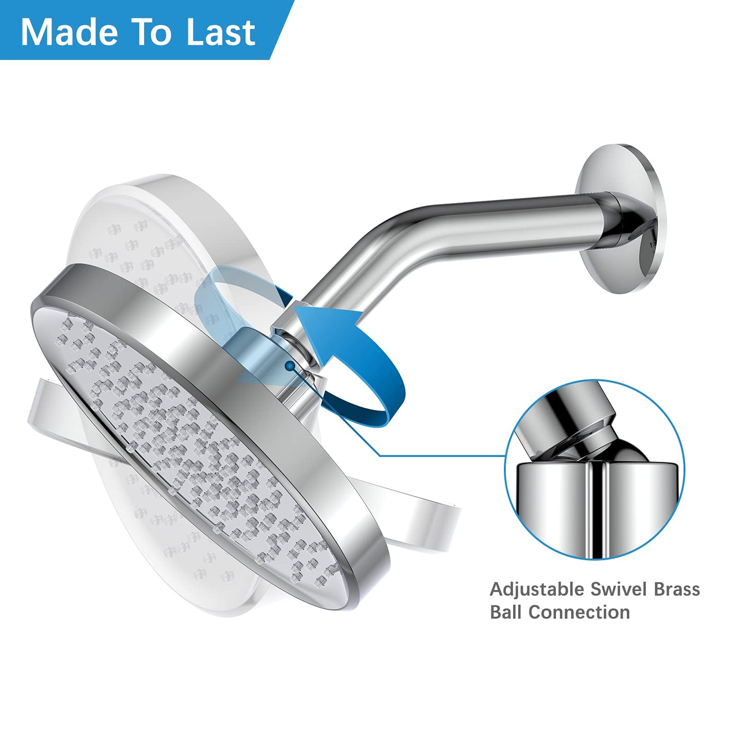 HOSSLLY Rainfall Shower Head High Pressure 360掳 Adjustable - Chrome