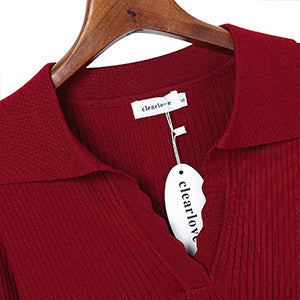 CLEARLOVE Womens Short Sleeve Polo Sweaters Ruffle Knit Tops Wine Red