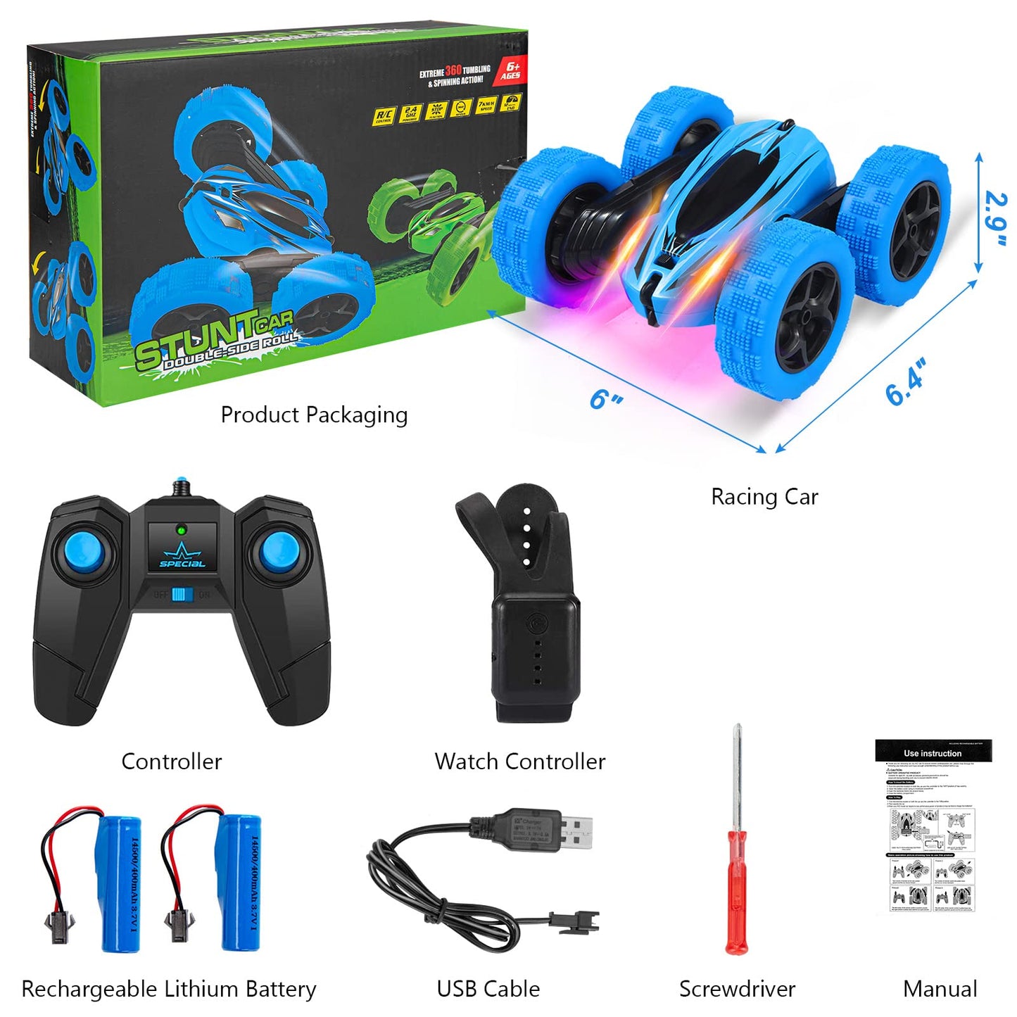 THINKMAX RC Stunt Car Watch Gesture Sensor Car 4WD 360掳 Rotating Car Blue