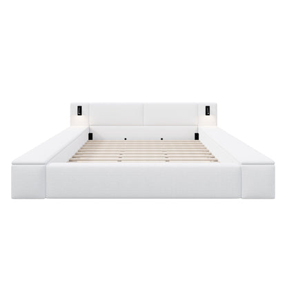 Upholstered Platform Bed Frame With Hidden Storage, Built-In Nightstands & LED Reading Lights