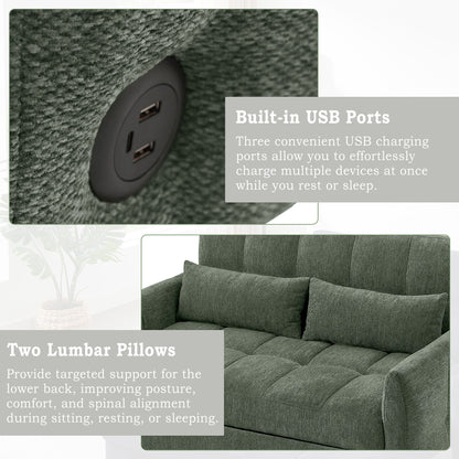 Loveseat Sofa Pull-Out Bed With Adjustable Backrest, 3 USB Ports And 2 Lumbar Pillows For Living Room