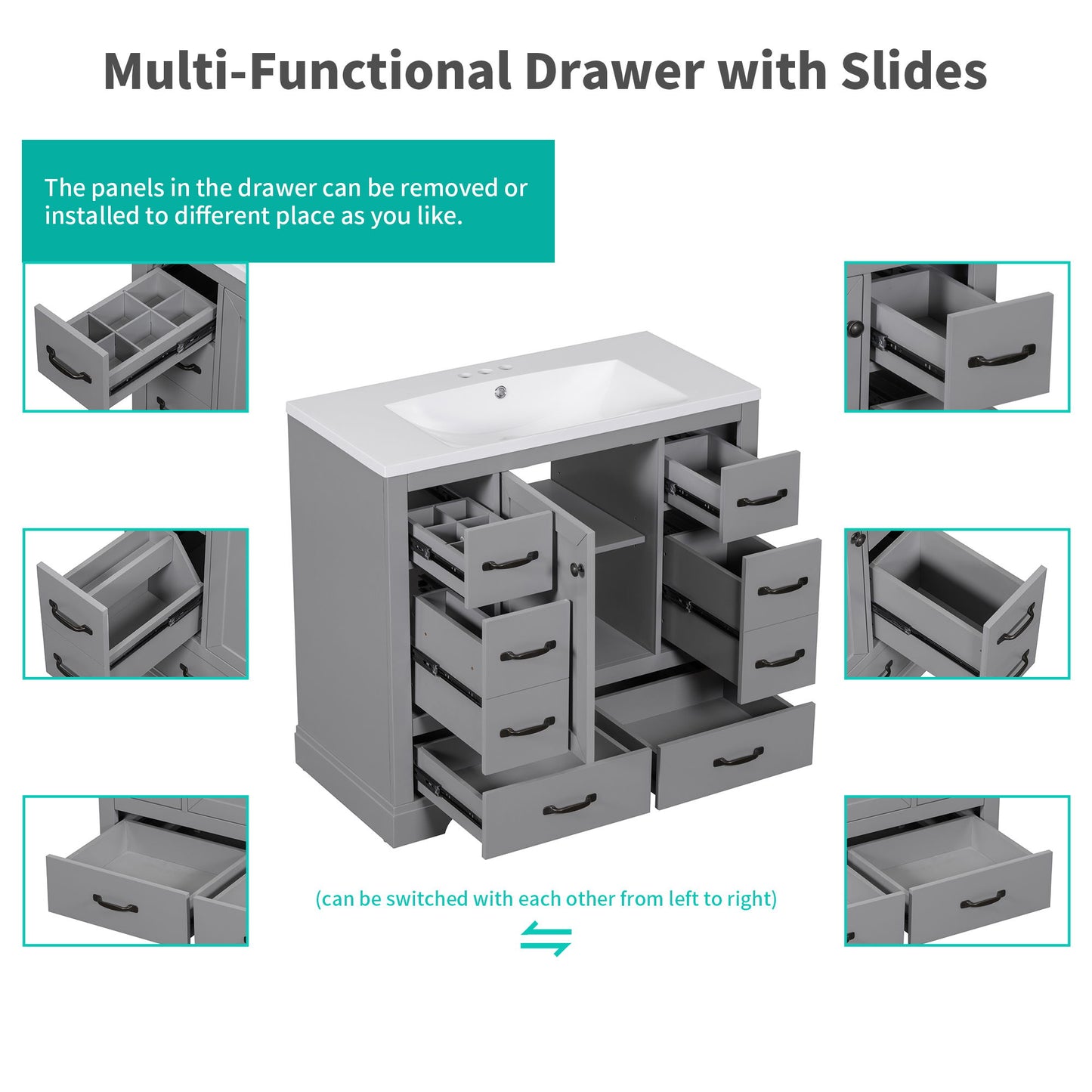 Modern Bathroom Vanity Base Only, 6 Drawer Storage With Adjustable Shelf