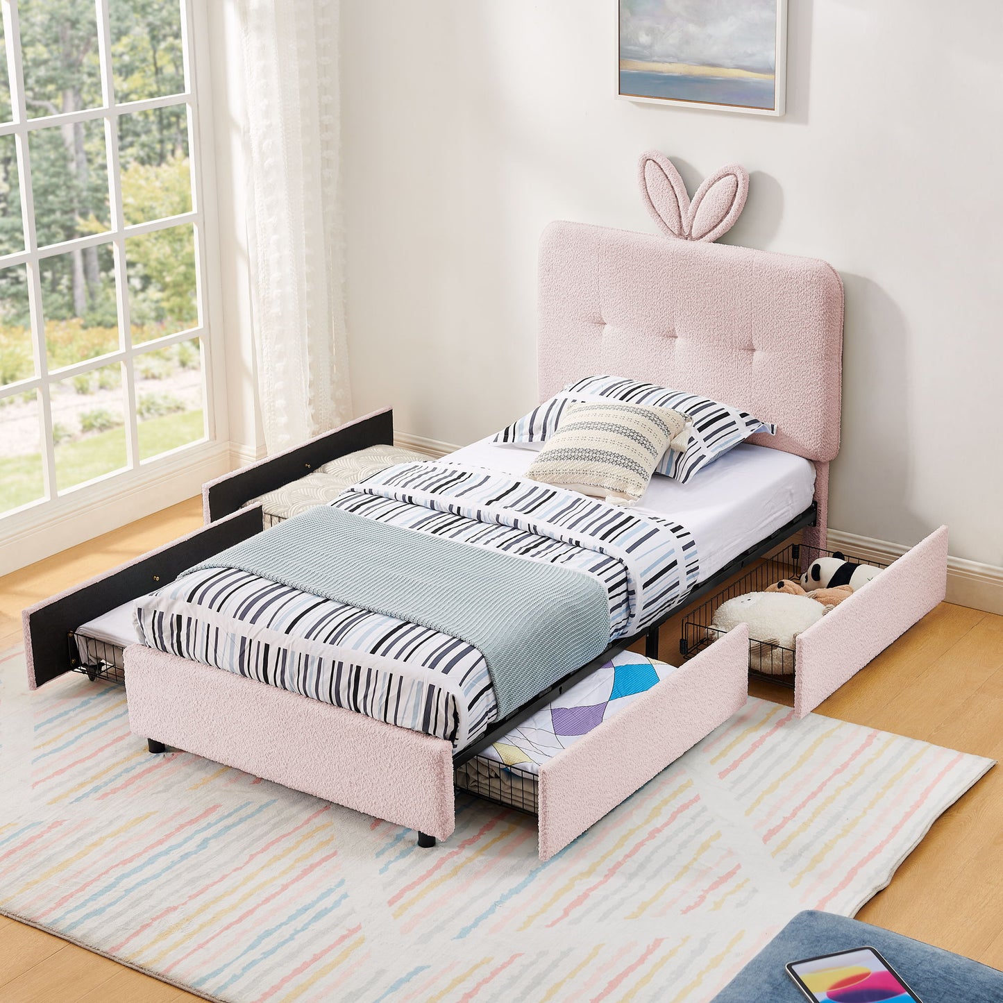 Upholstered Bed With Oversized Rabbit Ear Headboard, LED Lights & 4 Storage Drawers