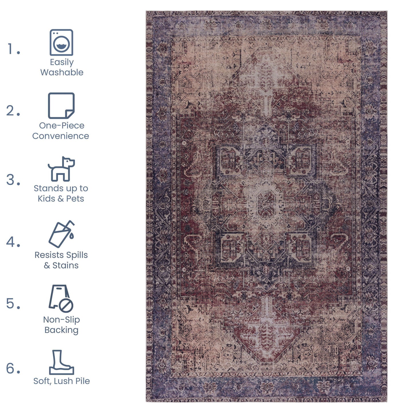 Maval - 3' X 5' Washable Area Rug - Burgundy