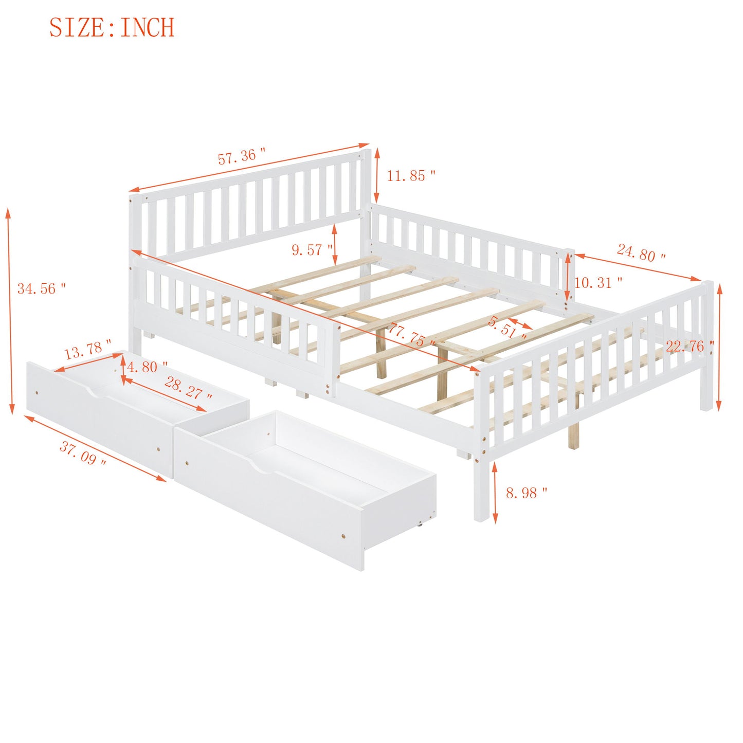 Platform Bed With Guardrails On Both Sides And 2 Storage Drawers