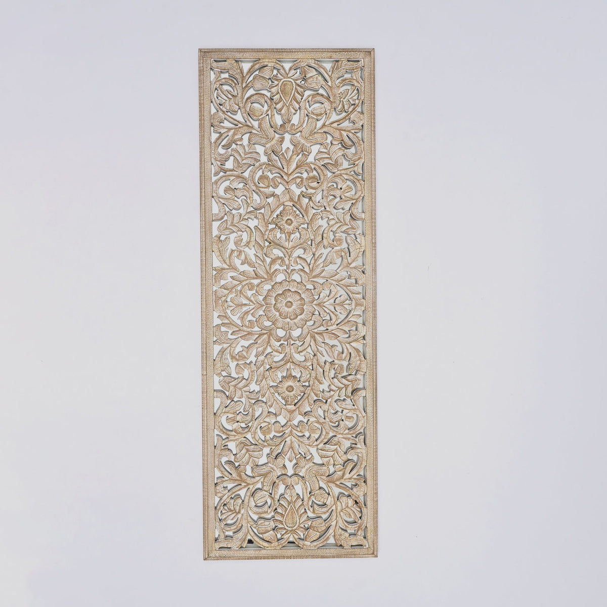 Floral Hand Carved Mandala Rectangle Wall Decor With Mirror - Antique Brown / White