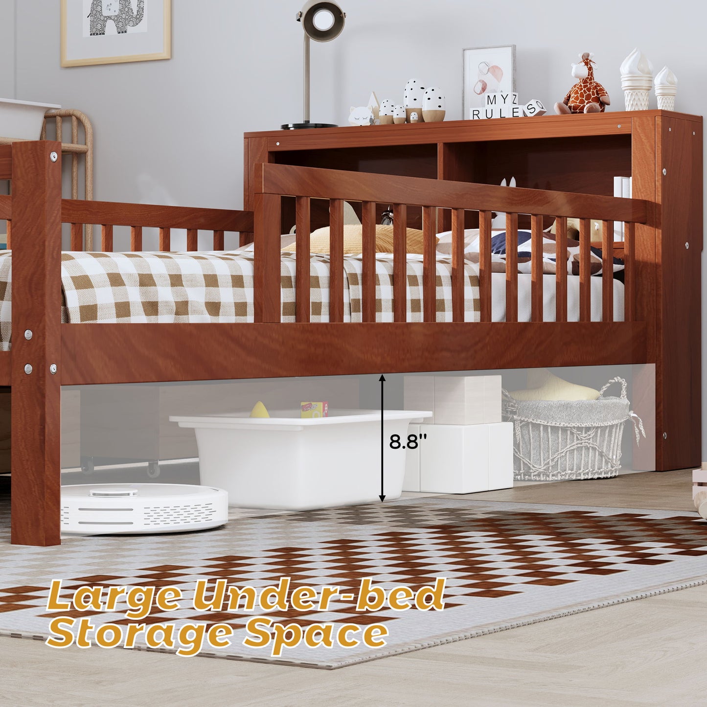 Bed With Headboard Storage Rack, 2 Under Bed Drawers, 3 Side Guardrails For Safety