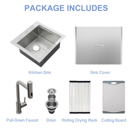 21" Drop In Kitchen Sink With Pull Out Faucet And Sink Cover, 16 Gauge - Brushed Nickel