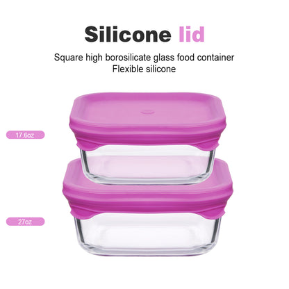 Delight King Glass Food Storage Containers – 2-Piece Flexible Silicone Lids Food Containers – Microwave Safe Borosilicate Glass Storage Containers with Lids – Leakproof and BPA Free