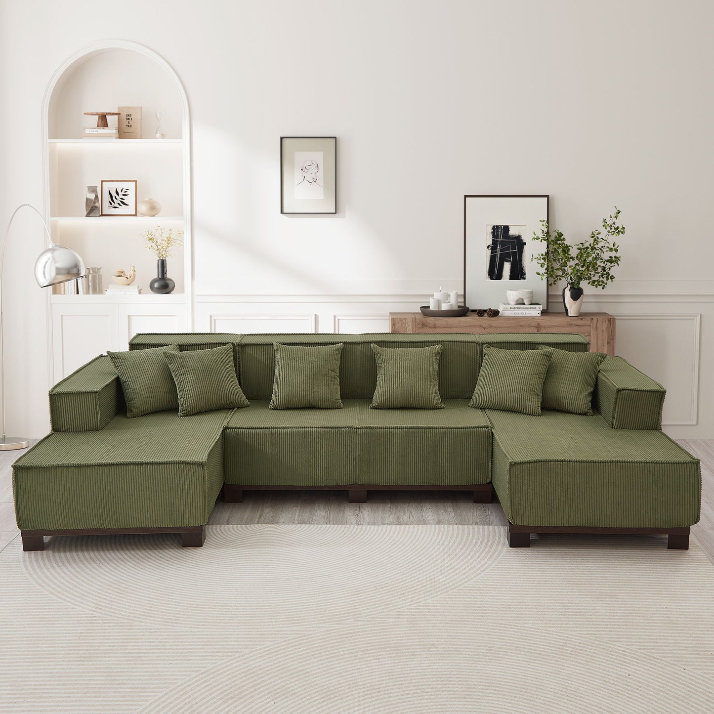U-Shaped Sectional Sofa With RGB LED Light Strip And 6 Pillows