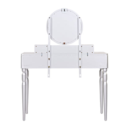 Luxury Vanity Desk With Round Mirror Height Adjustable Dressing Table Set Engineered Wood - Silver