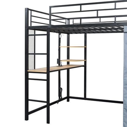 Loft Bed With Desk, Shelves, Power Outlet, LED Light And Wardrobe