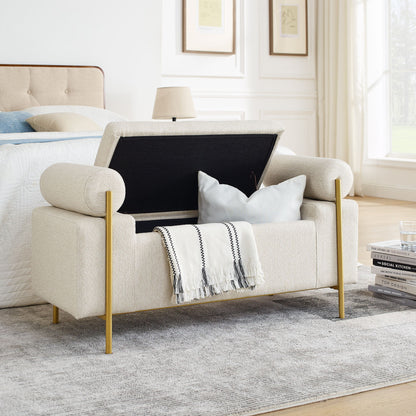 Elegant Upholstered Storage Bench With Cylindrical Arms And Iron Legs,