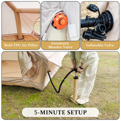 Inflatable Glamping Tent For 4 - 6 People, Waterproof Outdoor Tent With Pump - Khaki