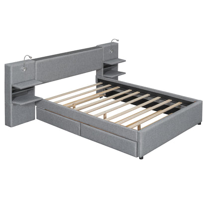 Upholstered Platform Bed With Reading Lights, Drawers, Trundle And Shelves