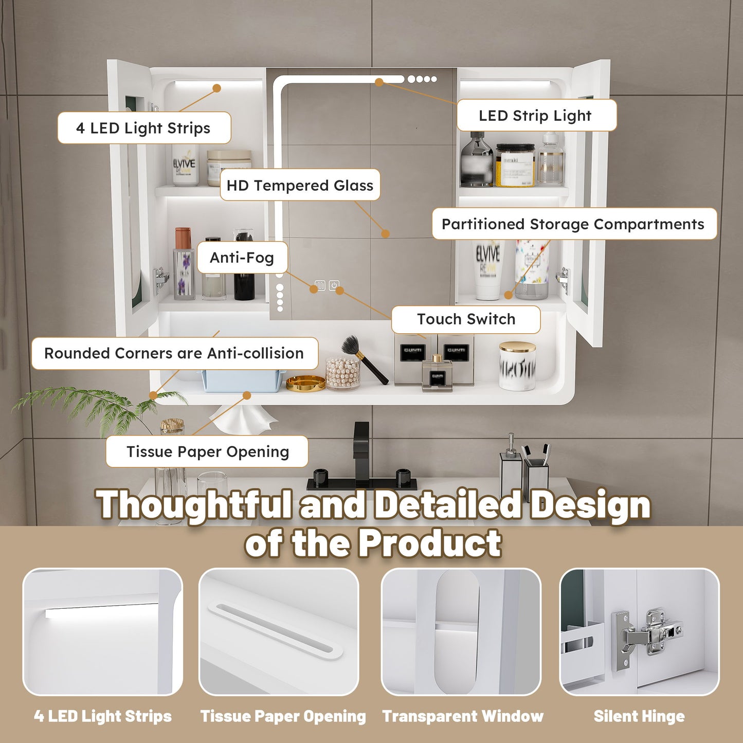 Wall Mounted Bathroom Mirror Cabinet With LED Lights, Anti Fog & Explosion Proof, Touch Control Medicine Cabinet, 3 Color Lighting - White