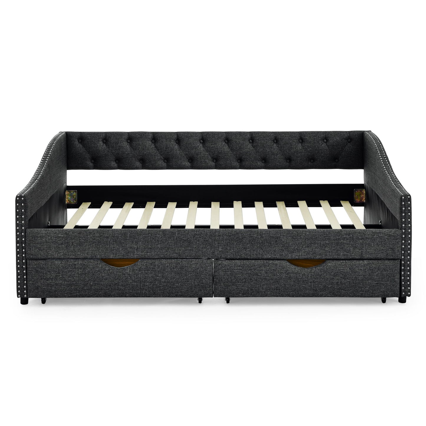 Upholstered Tufted Daybed With 2 Drawers, Waved Arms
