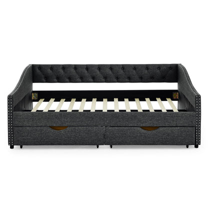 Upholstered Tufted Daybed With Drawers, Waved Arms