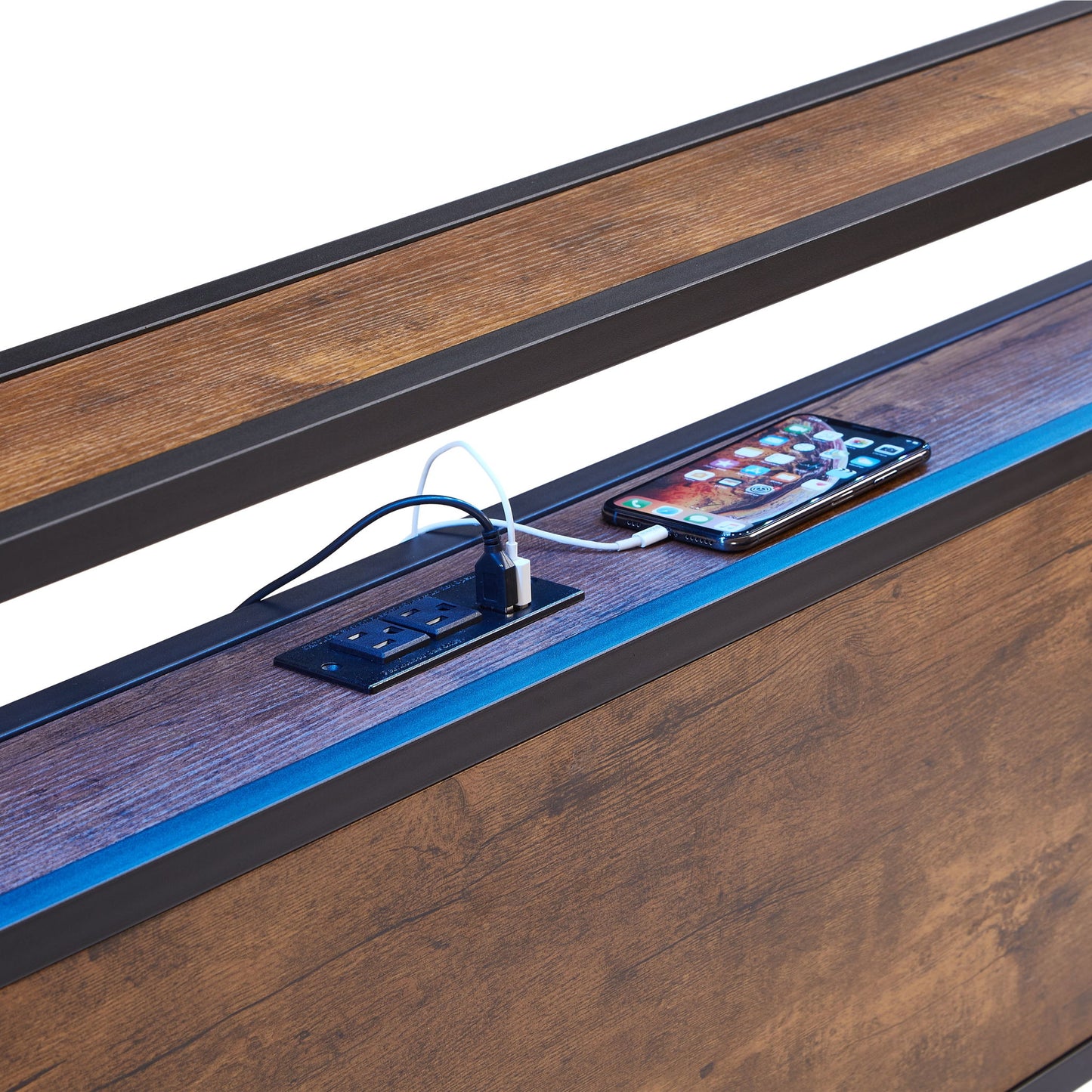 Modern Metal Platform Bed Frame With Wooden Headboard And Footboard, USB Charging Station, LED Lights, 2 Drawers