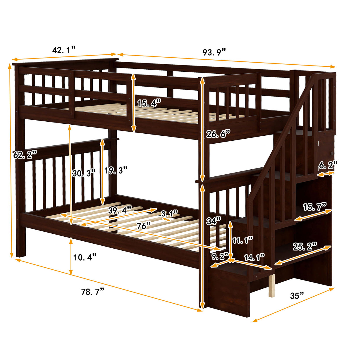 Stairway Bunk Bed With Storage And Guard Rail For Bedroom