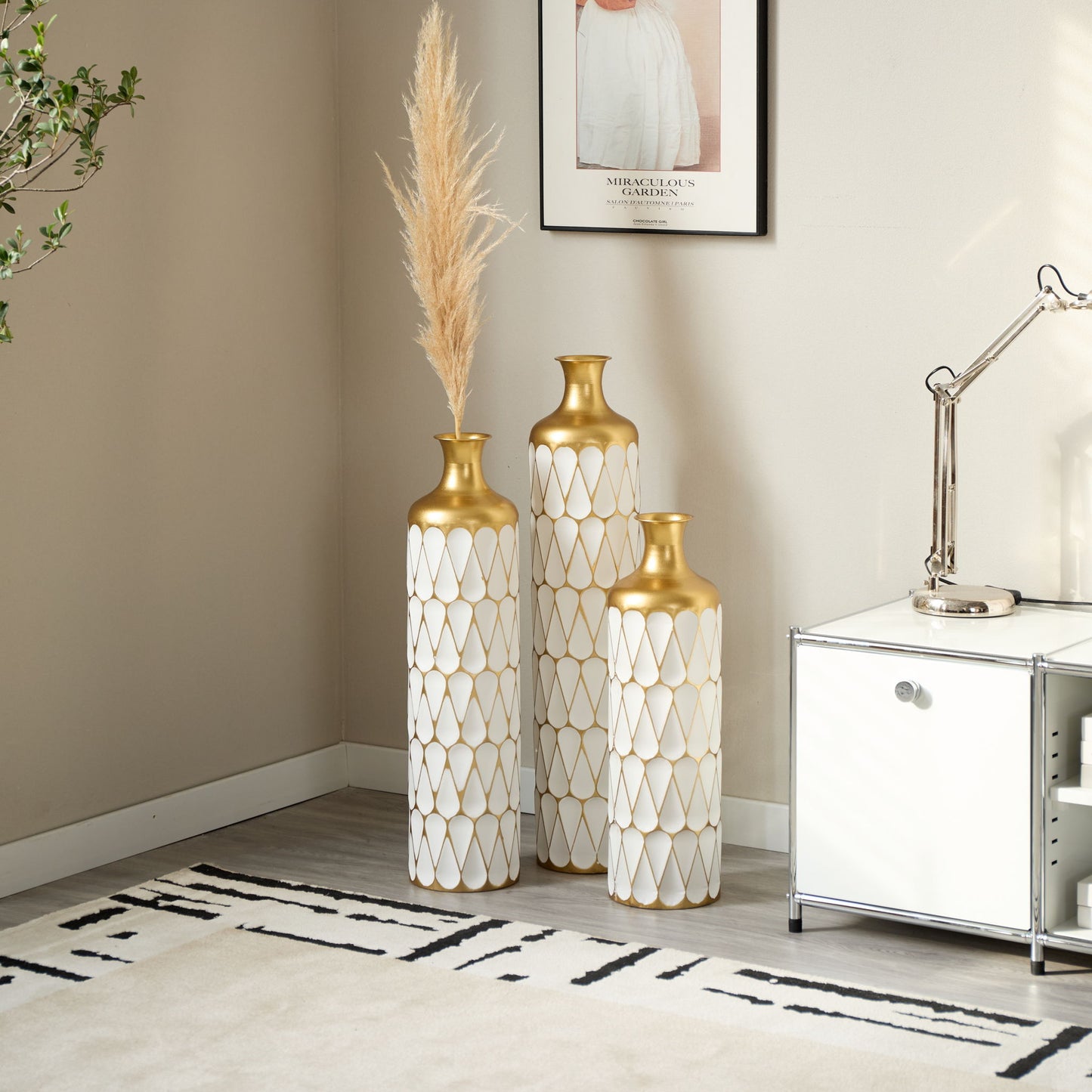 Floor Metal Vase Modern Style Decoration Home Droplet Shaped Metal Vase 3 Piece Set Gorgeous Home Decoration Large Glazed Metal Vase - Gold / White
