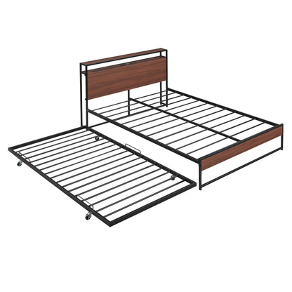 Platform Bed Frame With Trundle, USB Ports And Slat Support, No Box Spring Needed