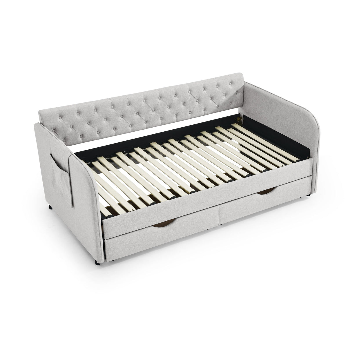 Daybed With Trundle And Storage Drawers, Flat Arms With Pocket