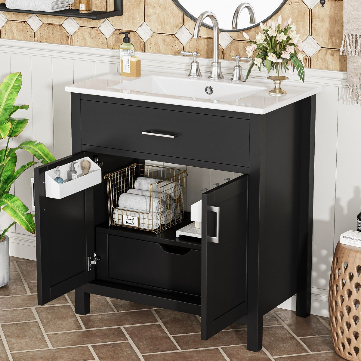 Bathroom Vanity With Sink And Ample Storage, Rectangular Undermount Sink - Black