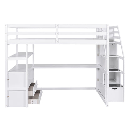 Loft Bed With Desk, Shelves, 2 Drawers, Storage Staircase