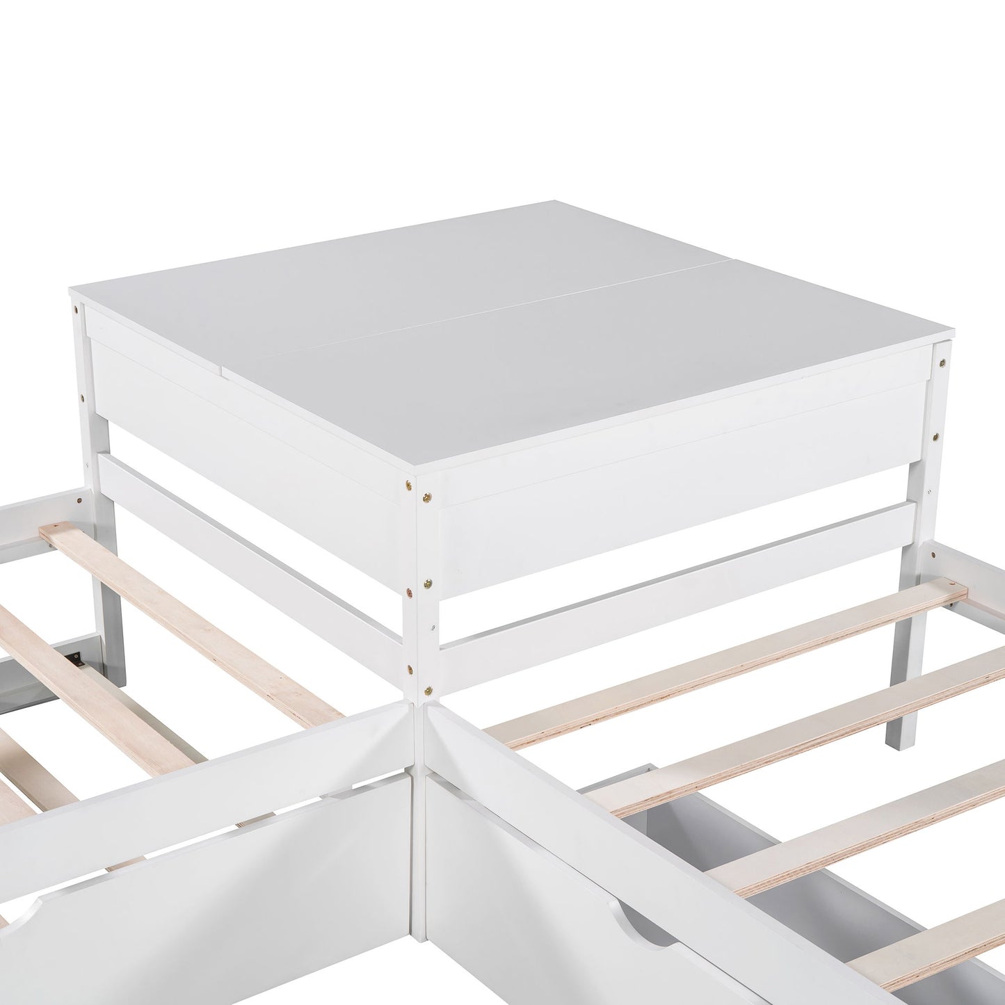 L Shaped Platform Bed With Trundle And Drawers Linked With Built In Desk