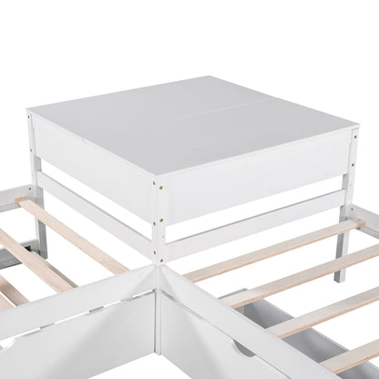 L Shaped Platform Bed With Trundle And Drawers Linked With Built In Desk