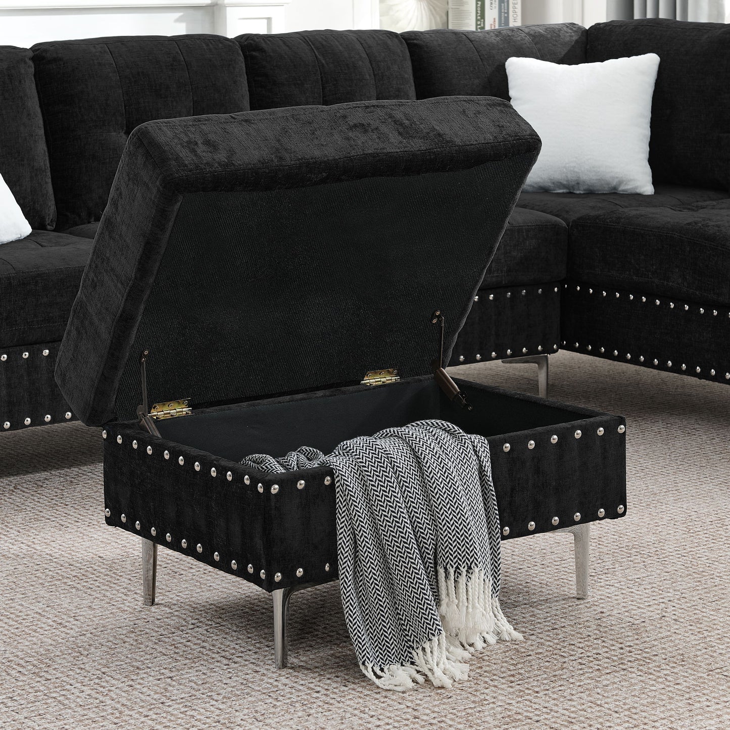 L-Shaped Sectional Sofa With Chaise And Storage Ottoman, Includes 2 Pillows
