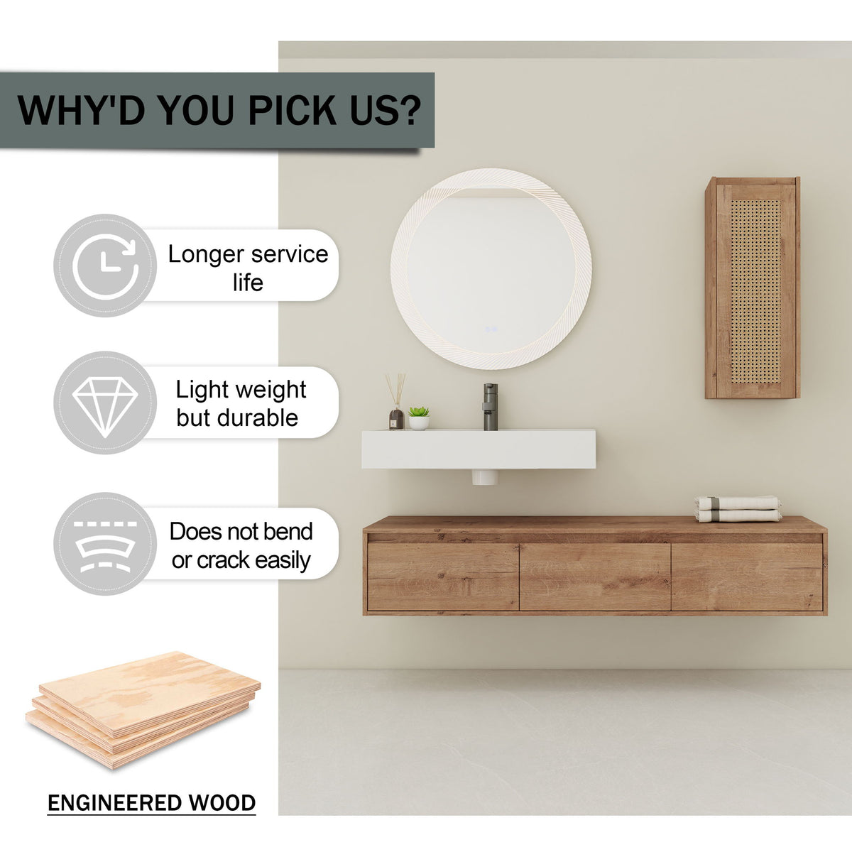 Modern Imitative Wall Mounted Bathroom Vanity With Resin Sink And Side Cabinet