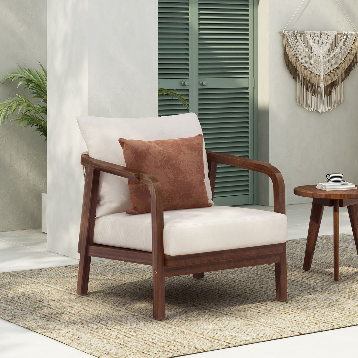 Outdoor Lounge Chair With Woven Backrest, Solid Wood Frame, Comfortable Cushions