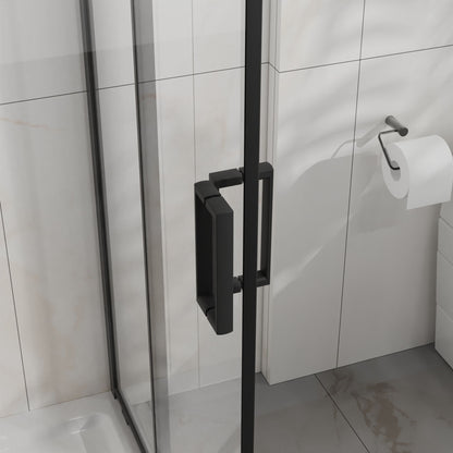 Corner Shower Enclosure, Double Sliding Door & Shower Base - Matte Black