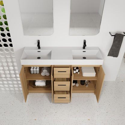 Double Sink Bathroom Vanity With 3 Drawers, Large Storage, Integrated Sink, Freestanding Cabinet, Soft Close Hardware - Glossy White / Light Oak