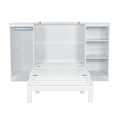 Twin Size Murphy Bed With Bedside Shelves And Wardrobe - White