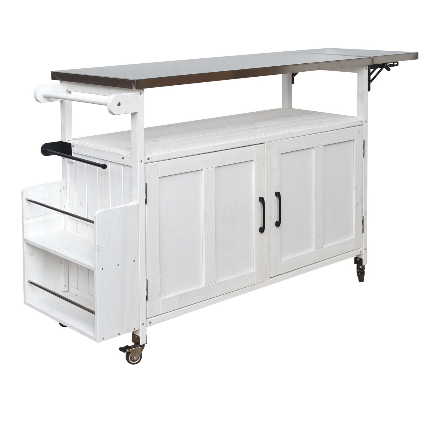 Foldable Outdoor Kitchen Island With Lockable Wheels, Storage Cabinet And Towel Rack For Patio