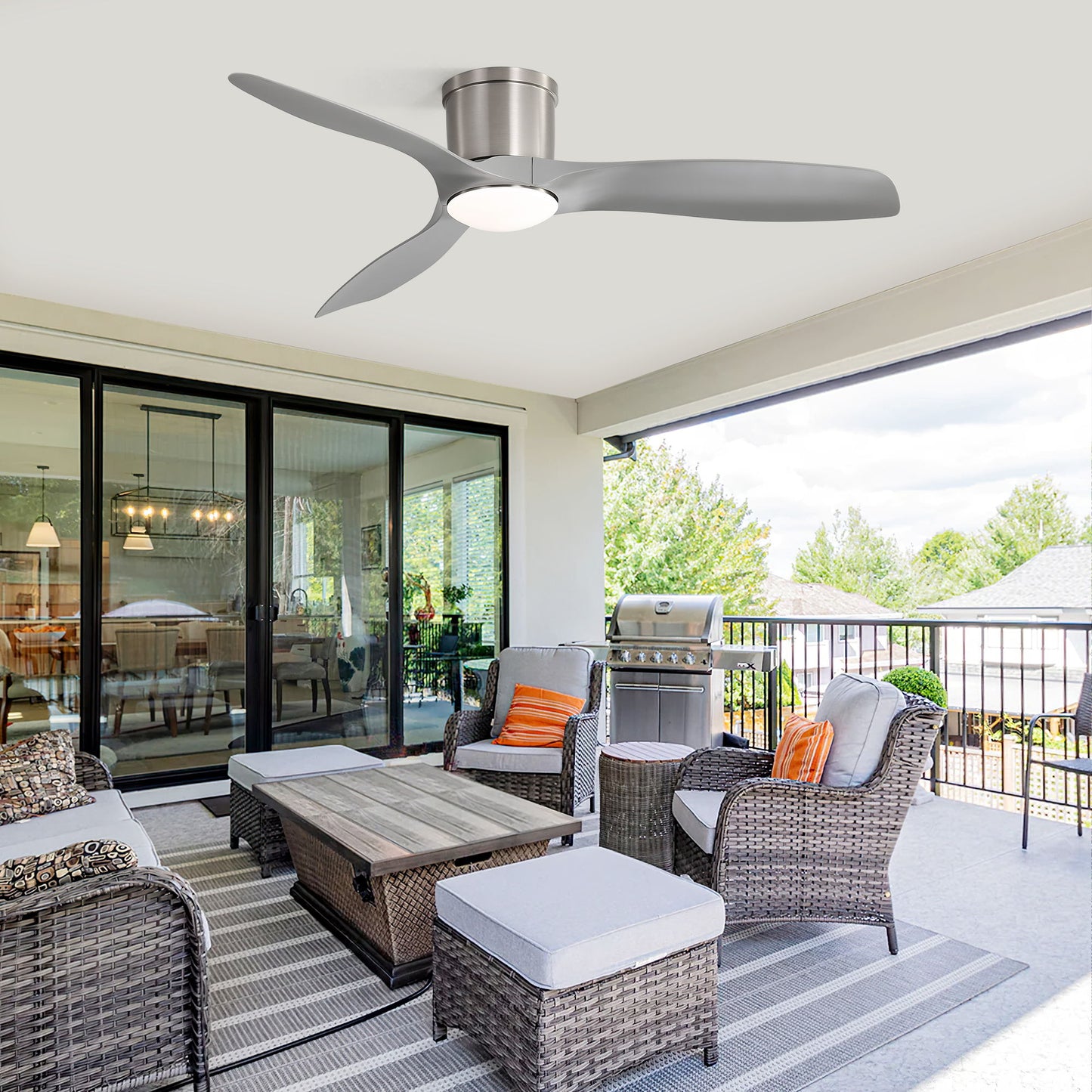 Flush Mount Ceiling Fan With Dimmable LED Light, 3 Blades, Reversible DC Motor Blades For Living Room